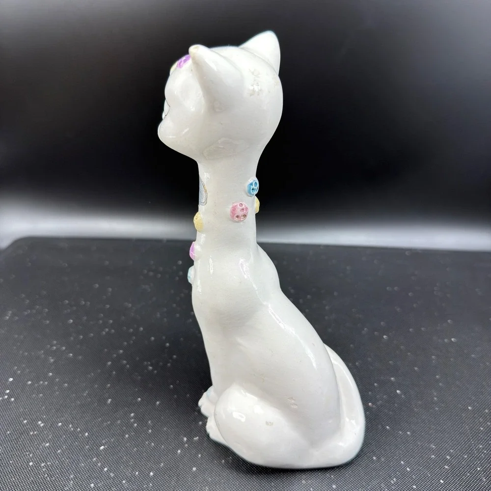 Vintage Tosca Italy Ceramic Cat Figurine MCM Hand Painted White Pastel Buttons